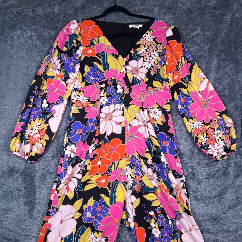 Glamorous Jumpsuit Wm US 8 Multicolor Floral Long Sleeve Wide Leg Retro V-Neck